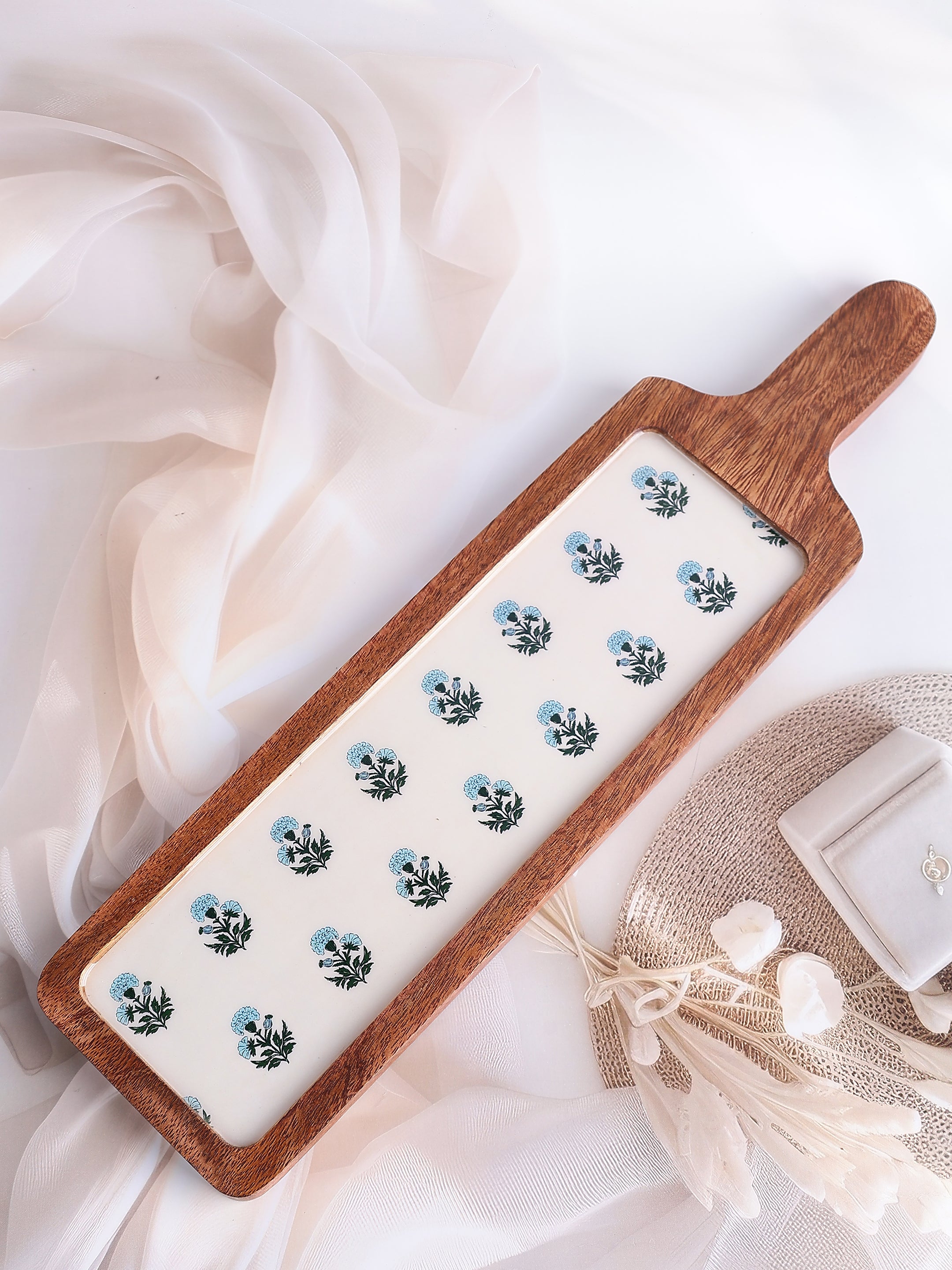 Indigo Bloom Wooden Platter